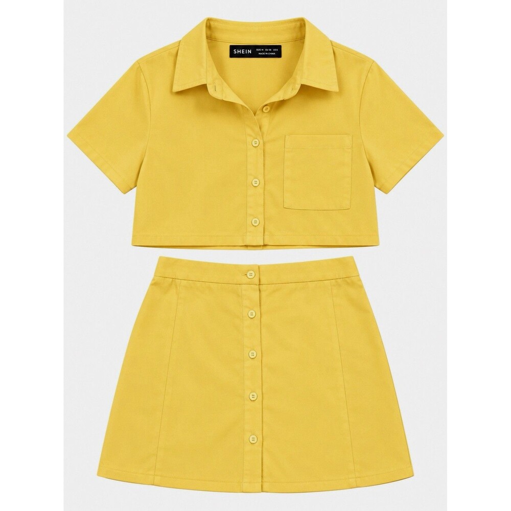 SHEIN 2pc Woven Set Crop Collared Button Shirt Top & Button Skirt M Yellow
